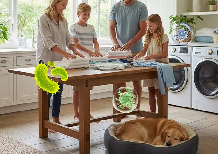 Family folding clean laundry